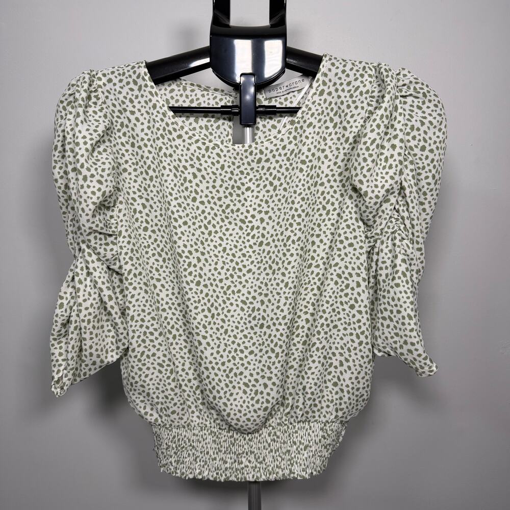 Paper Crane Ruched Sleeves Elastic Waistband Blouse White Green Women's Size M